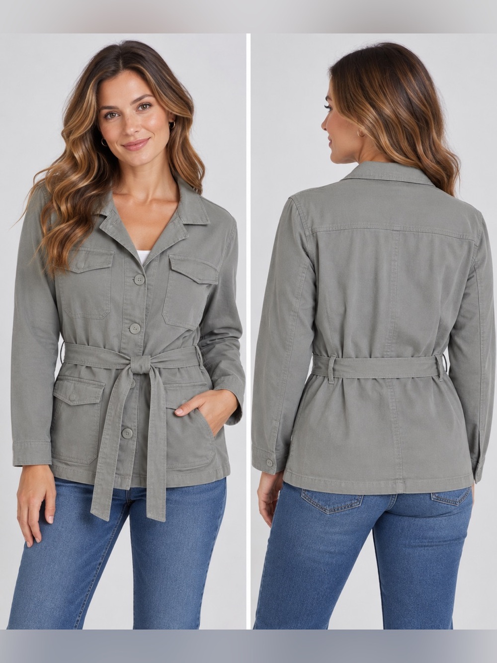 1 Sunset Lane | Belted Utility Jacket Gray-Beige | Size M | NWOT | Casual Fall